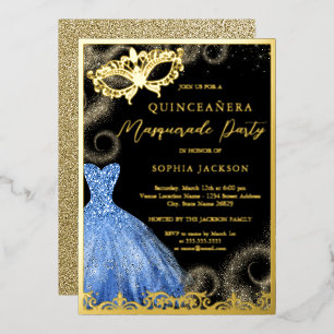 Blue Gold Dress Masquerade Party Quinceanera Folieneinladung