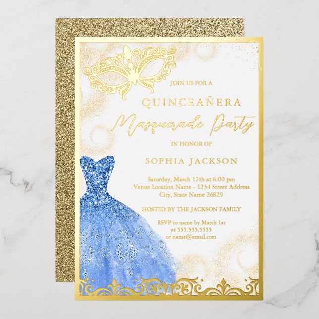 Blue Gold Dress Masquerade Party Quinceanera Folieneinladung (Vorderseite/Rückseite)