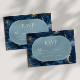 Blue Gold Elegant Celestial Starry Sky Wedding RSVP Karte