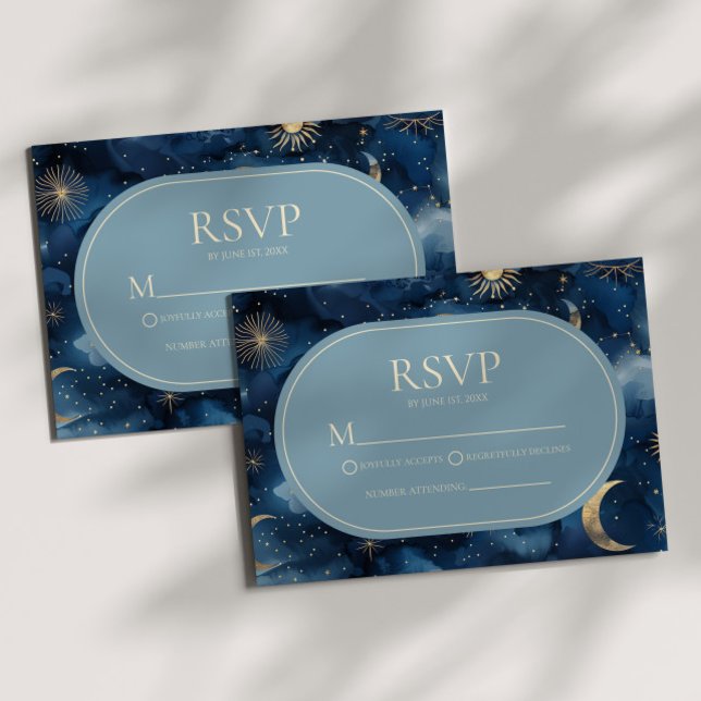 Blue Gold Elegant Celestial Starry Sky Wedding RSVP Karte (Von Creator hochgeladen)