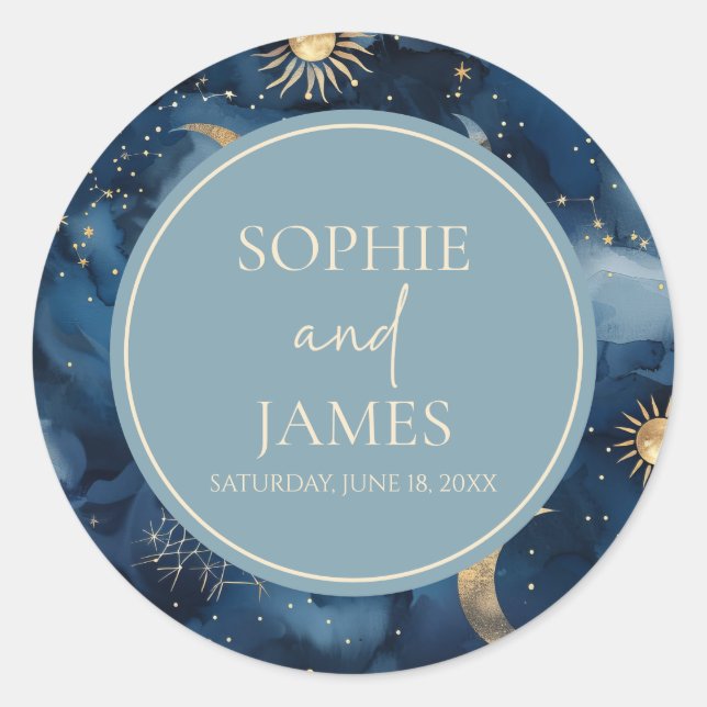 Blue Gold Elegant Celestial Starry Sky Wedding Runder Aufkleber (Vorderseite)