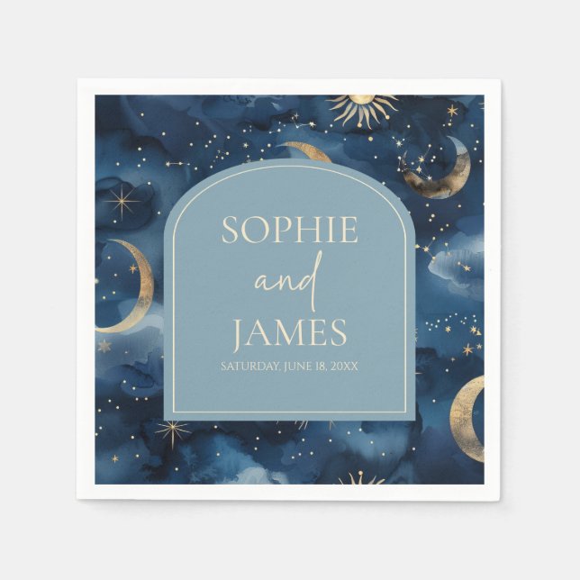 Blue Gold Elegant Celestial Starry Sky Wedding Serviette (Vorderseite)