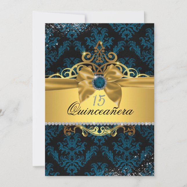 Blue Gold Elegant Damask Quinceanera Invitation (Devant)