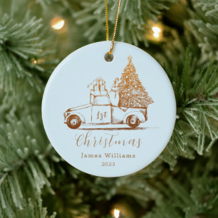 Blue Gold Elegant Foto Baby's First Christmas Keramik Ornament