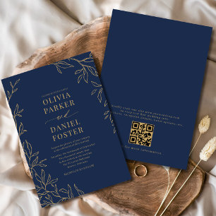 Blue Gold Elegante Minimalistische QR Code Hochzei Einladung