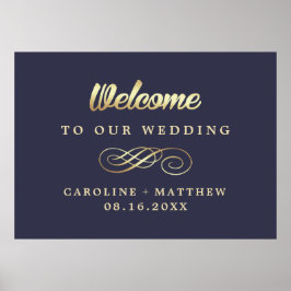Blue Gold Elegante Wedding Welcome Sign Poster