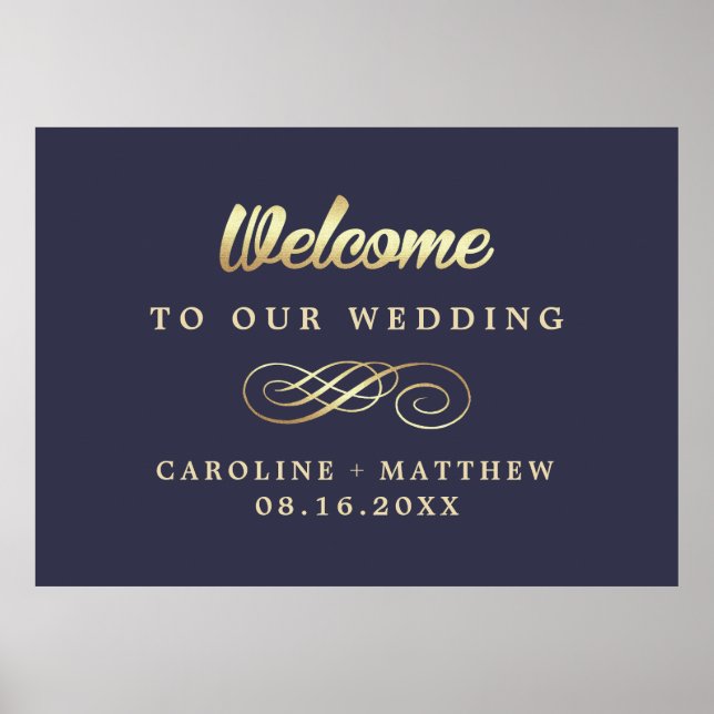 Blue Gold Elegante Wedding Welcome Sign Poster (Vorne)