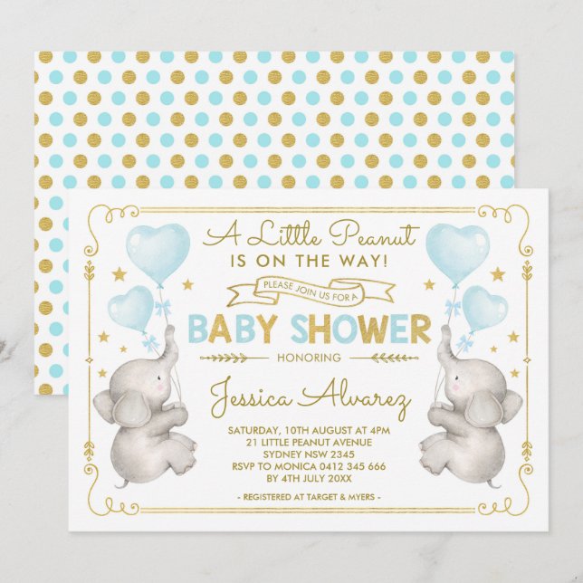 Blue Gold Elephant Baby Shower Boy Jungle Einladun Einladung (Vorne/Hinten)