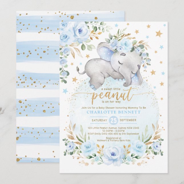 Blue Gold Elephant Floral Moon Stars Kinderdusche Einladung (Vorne/Hinten)