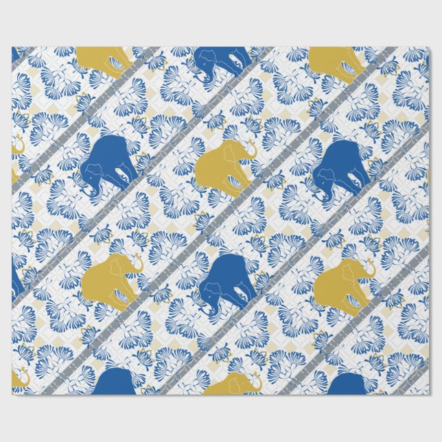 Blue Gold Elephant Floral Safari Jungle Muster Geschenkpapier (Flach)