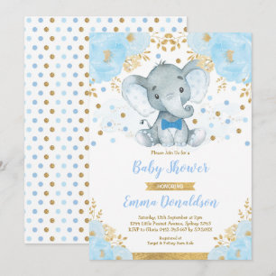 Blue Gold Elephant Little Man Baby Dusche Einladung