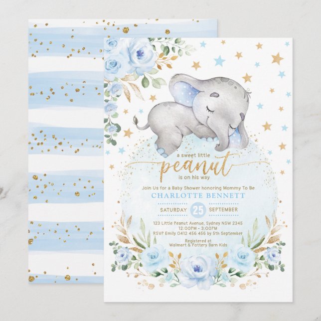 Blue Gold Elephant Moon Stars Boy Baby Dusche Einladung (Vorne/Hinten)
