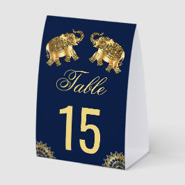 Blue Gold Elephants Indian Wedding Table Number Tischaufsteller