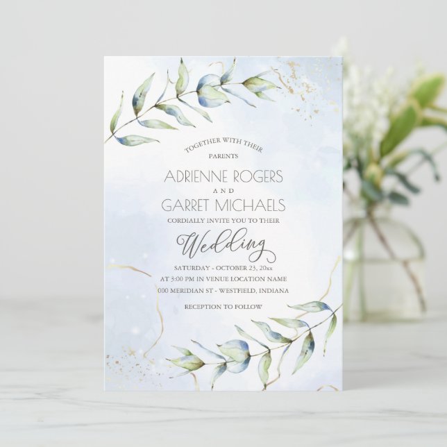 Blue & Gold Eucalyptus Watercolor Wedding Einladung (Stehend Vorderseite)
