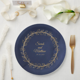 Blue & Gold Eucalyptus Wreath Wedding Dinner  Pappteller