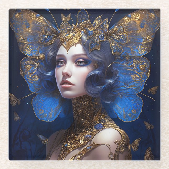 Blue Gold Fairy Fantasy Art Glasuntersetzer (Vorderseite)
