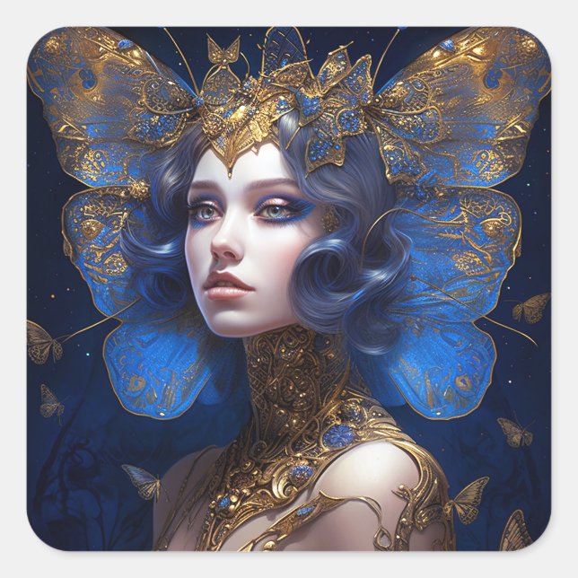 Blue Gold Fairy Fantasy Art Quadratischer Aufkleber (Vorderseite)