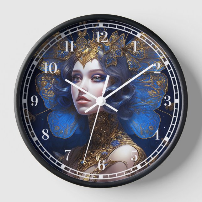 Blue Gold Fairy Fantasy Art Uhr (Vorderseite)