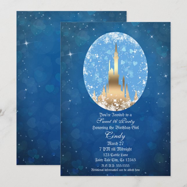 Blue Gold Fairy Tale Burg Sparkle Süß 16 Einladung (Vorne/Hinten)