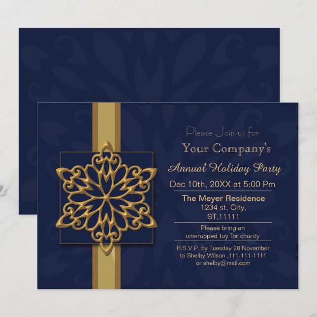 Blue Gold Festive Corporate Feier Einladung (Vorne/Hinten)