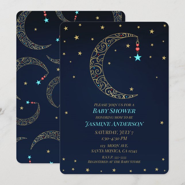Blue Gold Filigree Moon Celestial Baby Dusche Einladung (Vorne/Hinten)