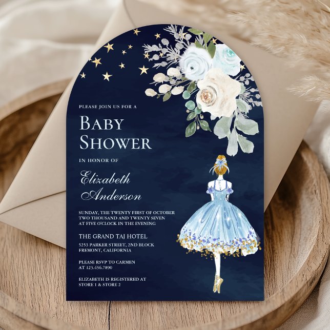 Blue Gold Floral Ballerina Arch Navy Baby Dusche Einladung (Von Creator hochgeladen)