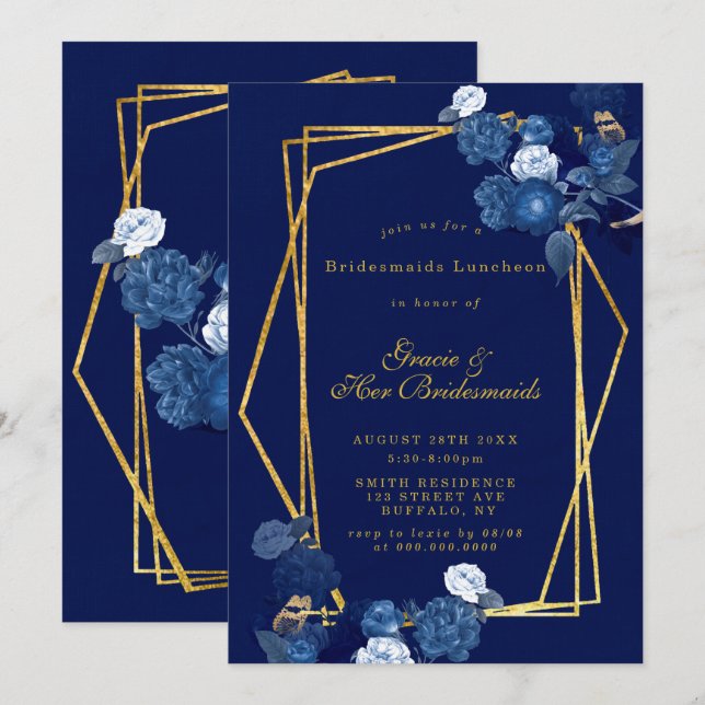 Blue & Gold Floral Bridesmaids Luncheon Einladunge (Vorne/Hinten)
