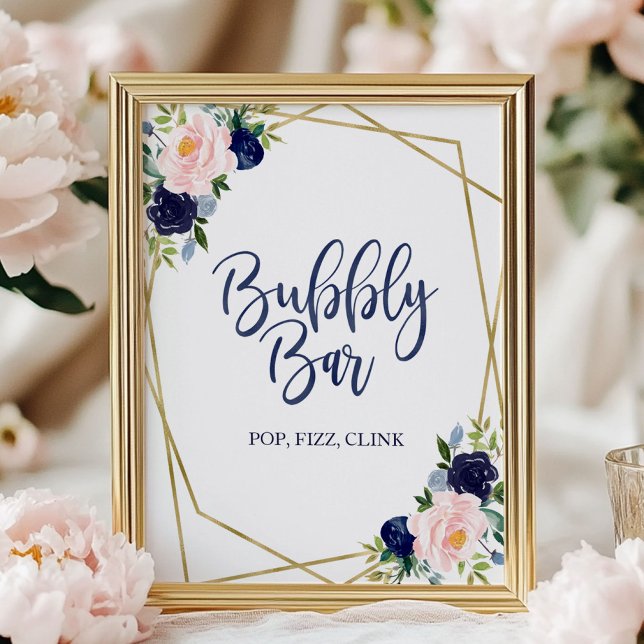 Blue Gold Floral Bubbly Bar Sign Poster (Von Creator hochgeladen)