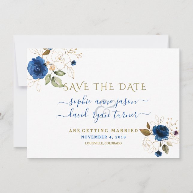Blue Gold Floral Calligraphy Wedding Save the Date (Vorderseite)