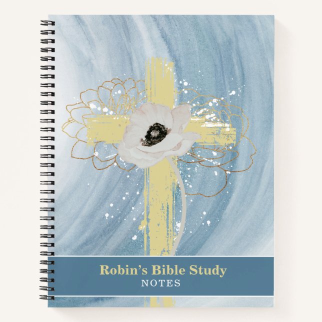 Blue Gold Floral Cross Personalized Bible Study Notizbuch (Vorderseite)