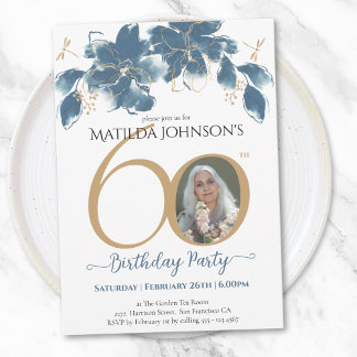 Blue Gold Floral Custom Foto 60. Geburtstag Einladung