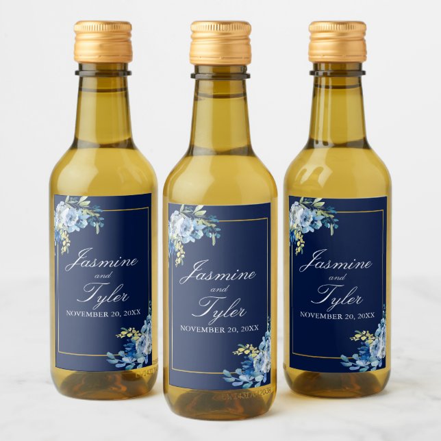 Blue Gold Floral Eleganter Abend Wedding Mini Weinetikett (Flaschen)