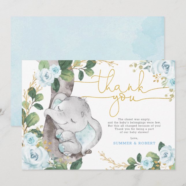 Blue Gold Floral Elephant Baby Danke Karte (Vorne/Hinten)