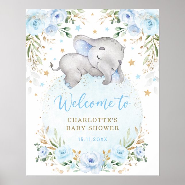 Blue Gold Floral Elephant Boy Baby Dusche Willkomm Poster (Vorne)