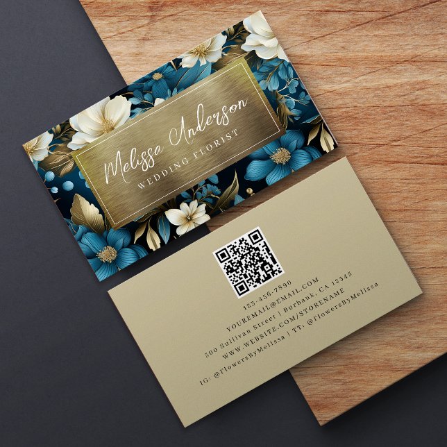 Blue Gold Floral Foil QR Code Luxe Visitenkarte (Von Creator hochgeladen)