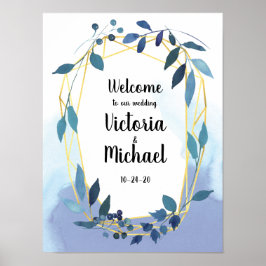 Blue Gold Floral Geometric Empfang Wedding Sign Poster