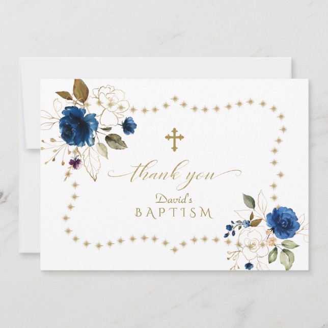 Blue Gold Floral Gold Glitzer Frame Boy Taufe Dankeskarte (Vorderseite)