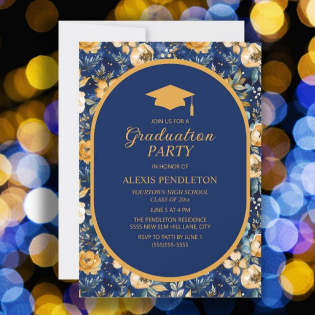 Blue Gold Floral High School Graduation Cap Einladung (Navy blue and gold floral graduation party invitation)