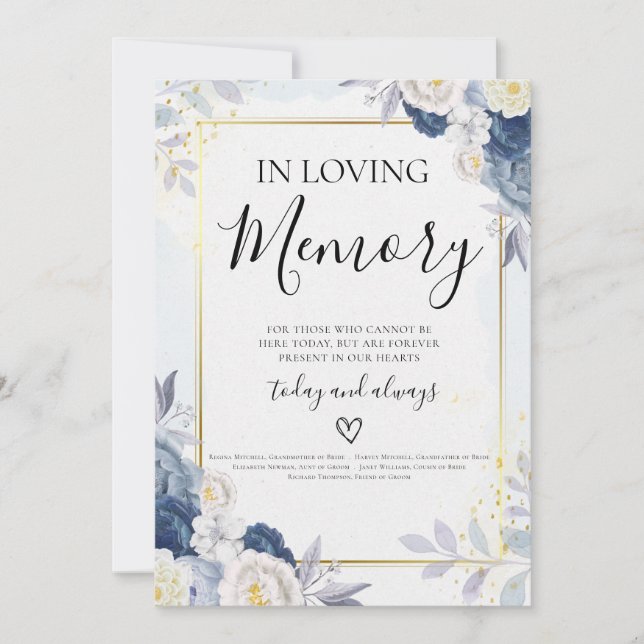 Blue Gold Floral in Love Memory Wedding Card (Vorderseite)