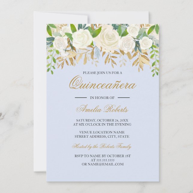 Blue Gold Floral Leaf Wasserfarbe Quinceanera Einladung (Vorderseite)