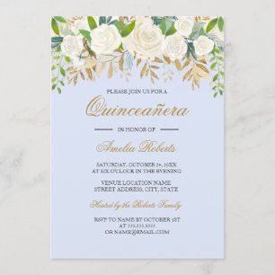 Blue Gold Floral Leaf Wasserfarbe Quinceanera Einladung