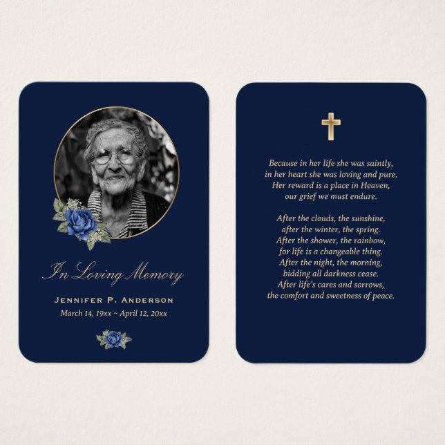 Blue Gold Floral Memorial Cards (Vorne & Hinten)