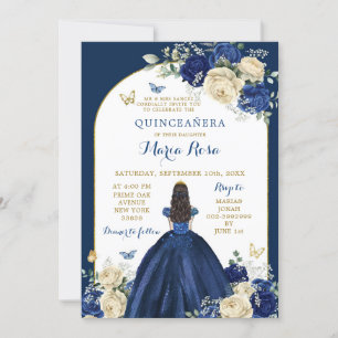 Blue Gold Floral Princess Quinceañera Einladung