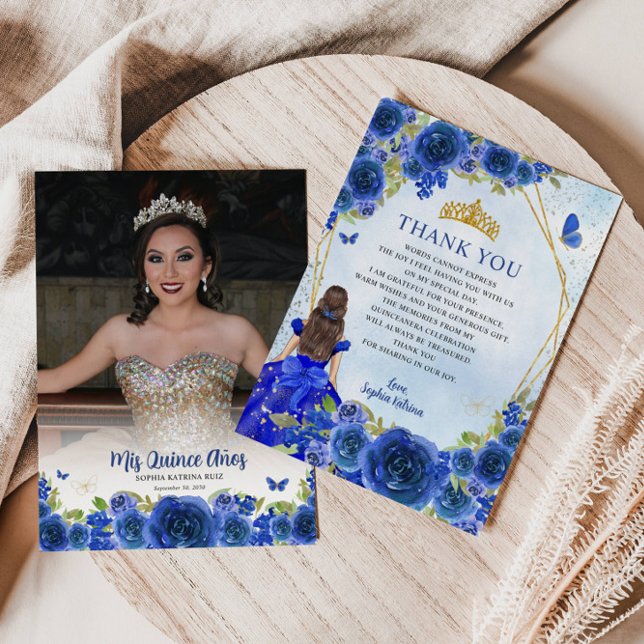Blue Gold Floral Princess Quinceañera Foto Dankeskarte (Von Creator hochgeladen)