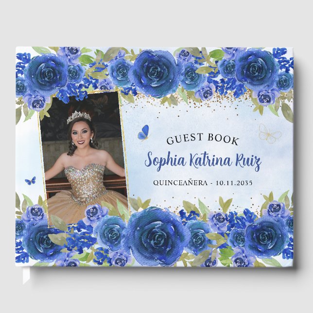 Blue Gold Floral Princess Quinceañera Foto Gästebuch (Vorderseite)