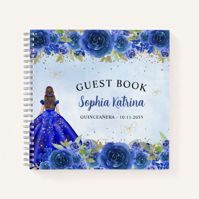 Blue Gold Floral Princess Quinceañera Notizbuch (Vorderseite)