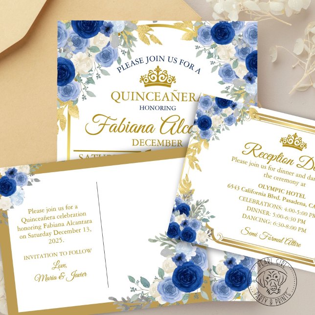 Blue & Gold Floral Save the Date Ankündigungspostkarte (Von Creator hochgeladen)