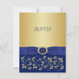 Blue, Gold Floral Scroll Wedding Repcard RSVP Karte
