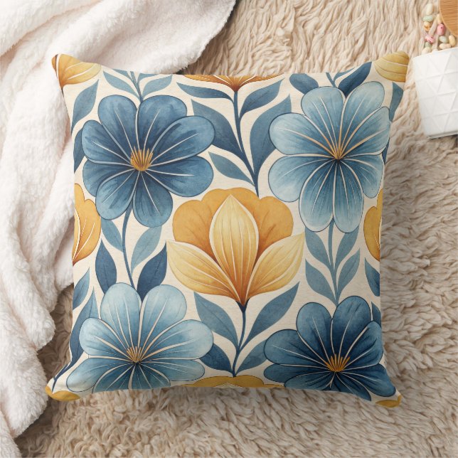 Blue & Gold Floral Throw Pillow Kissen (Decke)