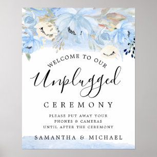 Blue Gold Floral Unplugged Wedding Zeremony Sign Poster